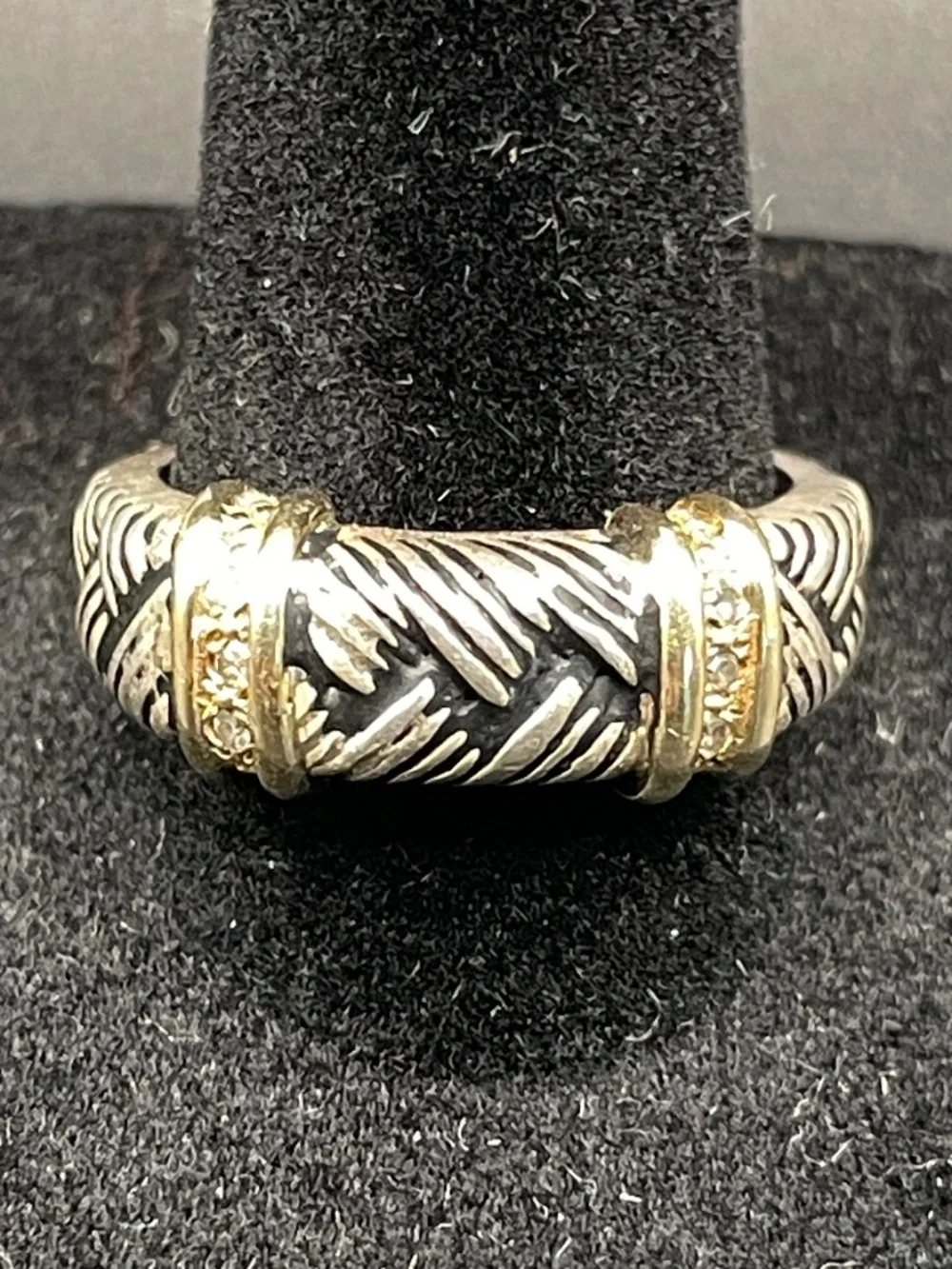 925 Sterling 14 K Gold Diamond Accented Textured Designer Ring Size 9